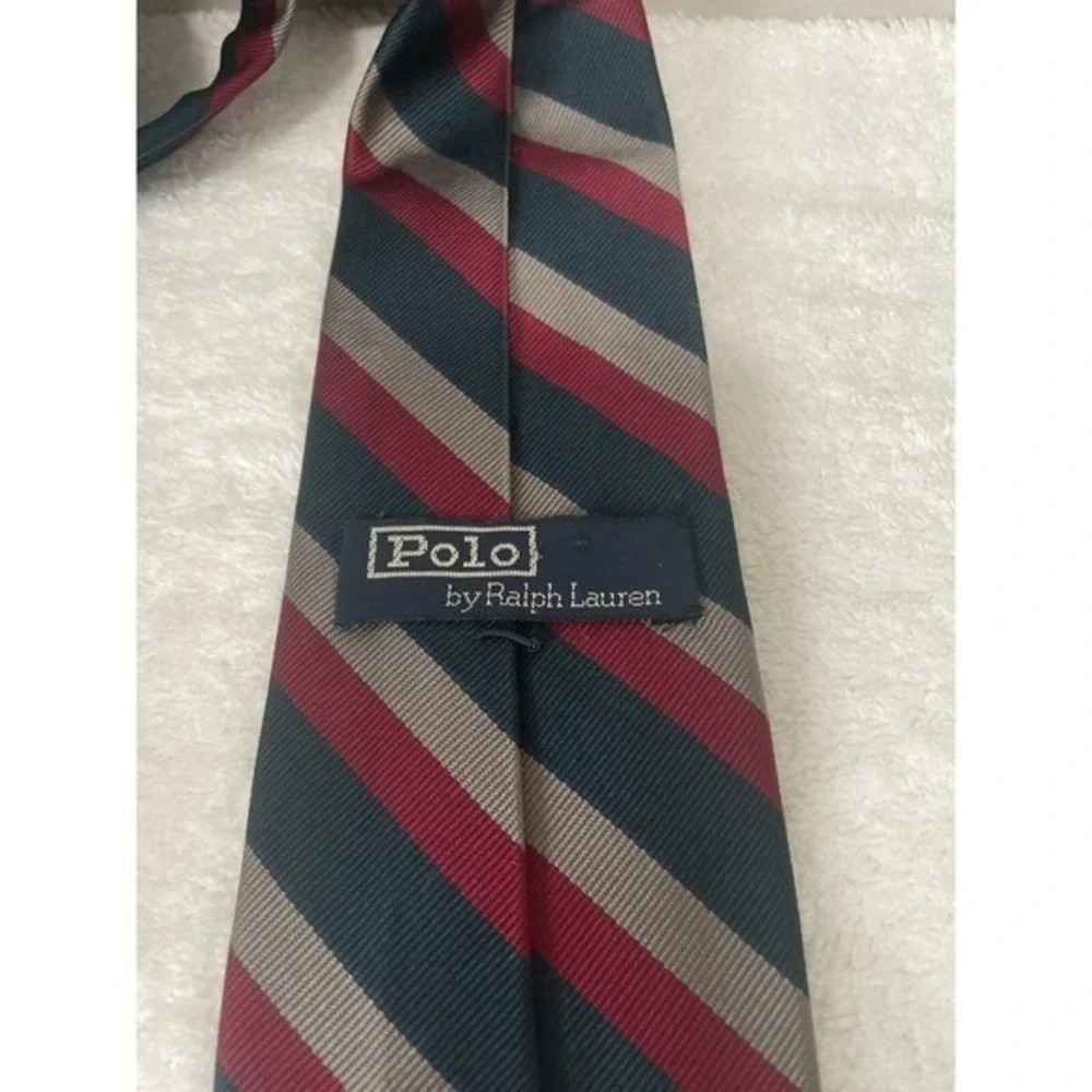 Polo Ralph Lauren Necktie Mens Burgundy Dk Green Gray Silk Striped USA Old Money